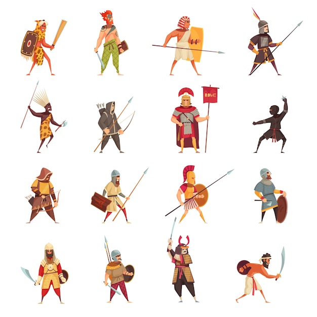 Free vector ancient warriors icons set with weapons and equipment flat isolated