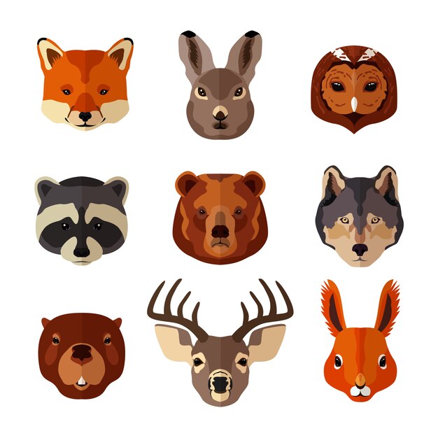 Animal heads set on flat style