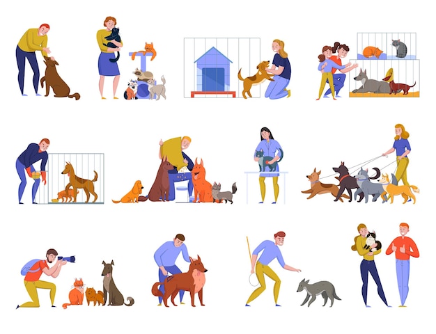 Animal shelter dogs cats set with doodle style human characters and animals isolated images of pets vector illustration