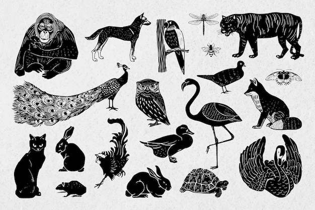 Free Vector animals black linocut stencil pattern drawing collection