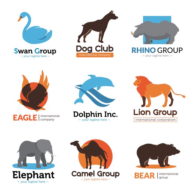 Animals symbols flat logo collection with eagle bear camel and dog club emblem abstract isolated vector illustration