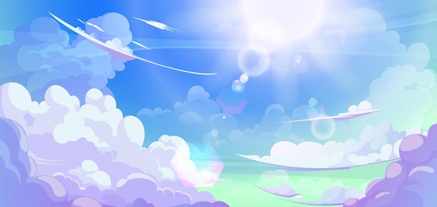 Free vector anime cloud in blue heaven sky vector background summer abstract cloudy air design with gradient and sun light with reflection beautiful calm morning game outdoor panorama with sunshine painting