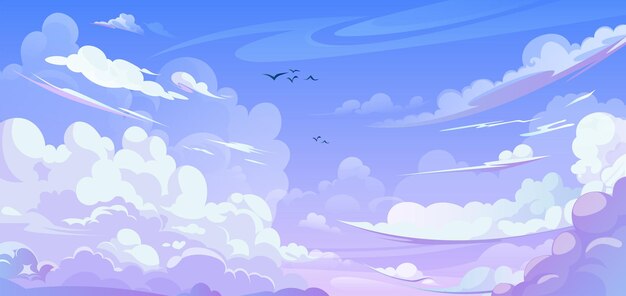 Anime style sky background with clouds Vector cartoon illustration of beautiful heavenly cloudscape in pink light blue gradient colors birds flying high cloudy summer day sunrise or sunset design