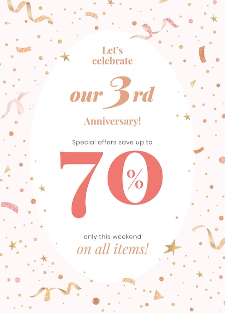 Free Vector anniversary sale template with 70 percent off for social media post