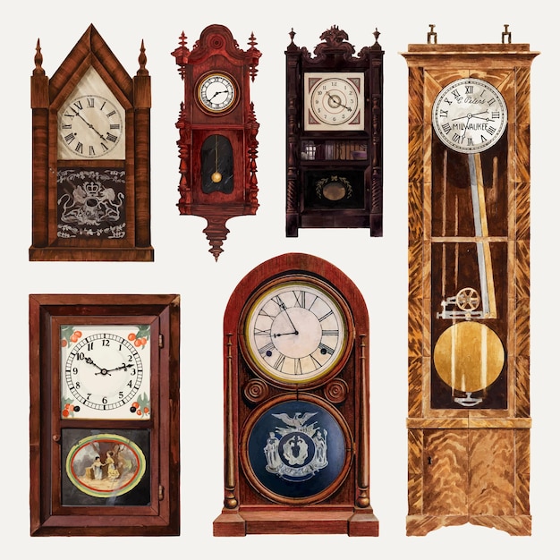 Free Vector antique clocks vector design element set, remixed from public domain collection