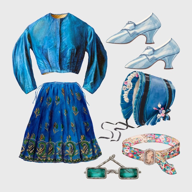 Antique women&#39;s fashion vector outfit design element set, remixed from public domain collection