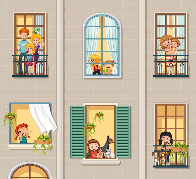 Apartment windows with neighbors cartoon character