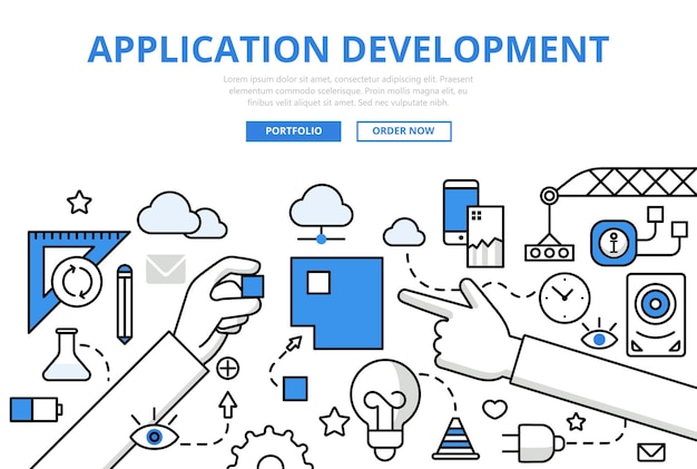 Free vector application software app development programming concept flat line style. long hands combine square puzzle