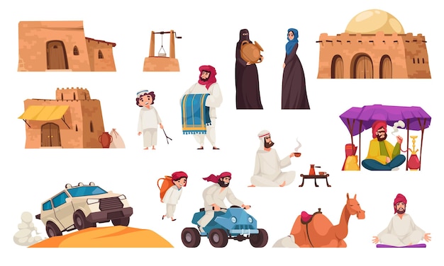 Free Vector arabic desert cartoon icons set with people wearing traditional oriental clothes isolated vector illustration