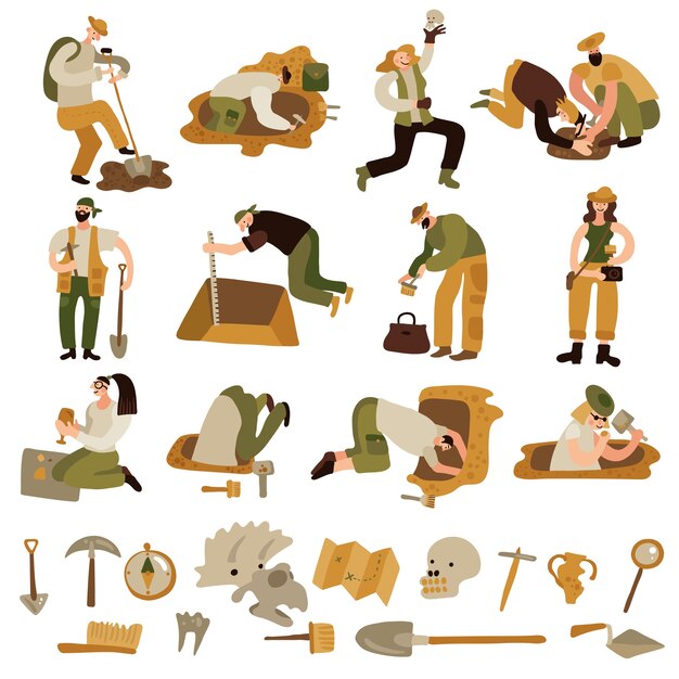 Archeology icons set with bones and equipment symbols