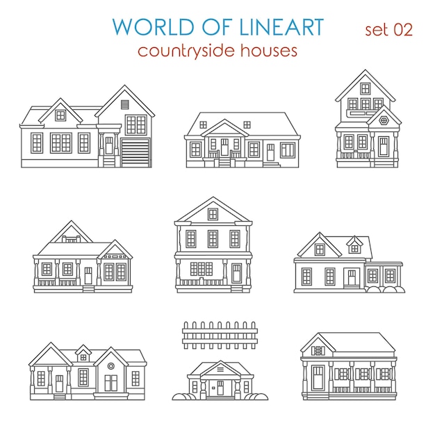 Free Vector architecture countryside house townhouse al lineart  set. world of line art collection.