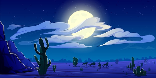 Arizona night desert landscape, natural wild west background with coyote pack silhouettes run on through cacti and rocks under cloudy sky with full moon shining, game scene Cartoon vector illustration