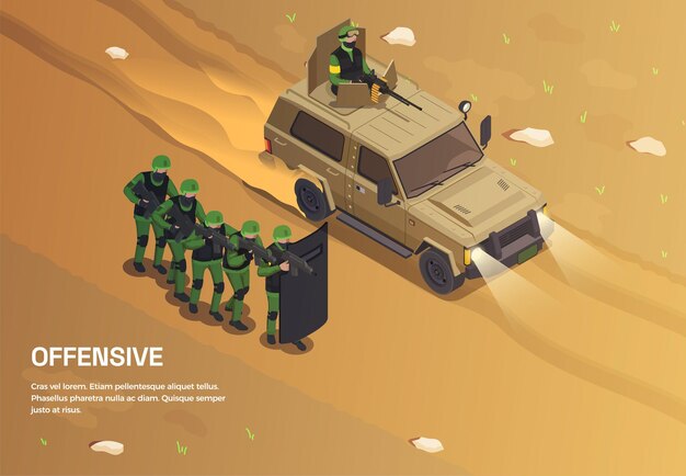 Army weapons soldier isometric background with editable text and outdoor composition with group of special forces