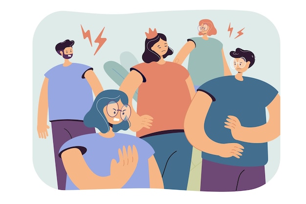 Free Vector arrogant selfish person in crown making group of people annoyed and angry. cartoon illustration