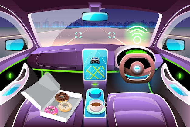 Free Vector artificial intelligence driverless safety system with hud interface in cockpit of autonomous car vehicle interior driverless car driver assistance system acc adaptive cruise control