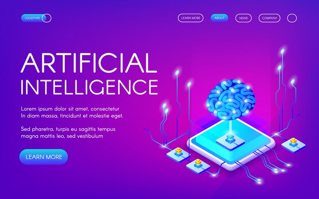 Artificial intelligence illustration of human brain with digital neurons chipset. 