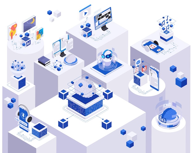 Free vector artificial intelligence technology creating various content isometric composition 3d vector illustration