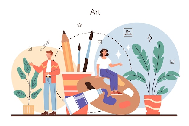 Free Vector artist concept professional illustrator in front of big easel or screen holding a brush and paints idea of creative people and profession art gallery profession flat vector illustration