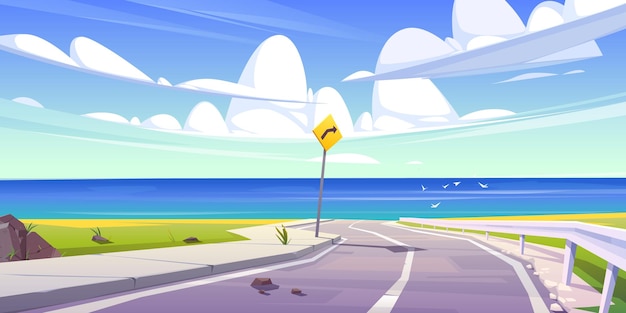 Free vector asphalt road with seaview and blue sky with fluffy clouds curly empty highway at summer countryside landscape with turn sign cartoon scenic background with speedway and ocean vector illustration
