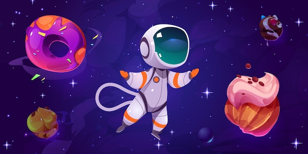 Free vector astronaut in candy space near donut planet child cartoon vector cosmic childish fantasy planetary illustration for extraterrestrial chocolate and pastry game universe drawing night sky concept