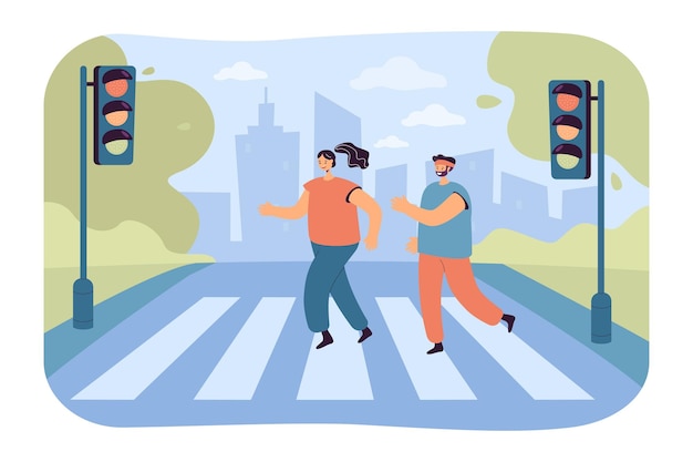 Free Vector athletes running in crosswalk flat vector illustration. man and woman in sportswear jogging together in morning in city park. sport, fitness concept for banner, website design or landing web page