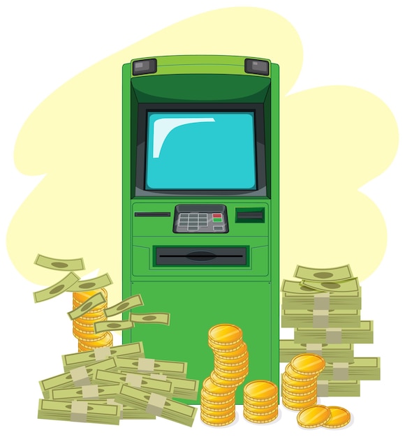 Free Vector atm machine with stack of coins and cash