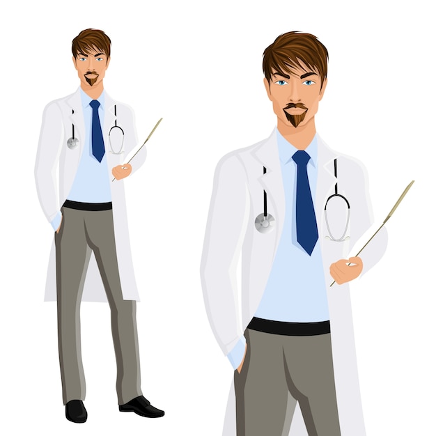 Free vector attractive young man doctor with clipboard and phonendoscope portrait isolated on white background vector illustration