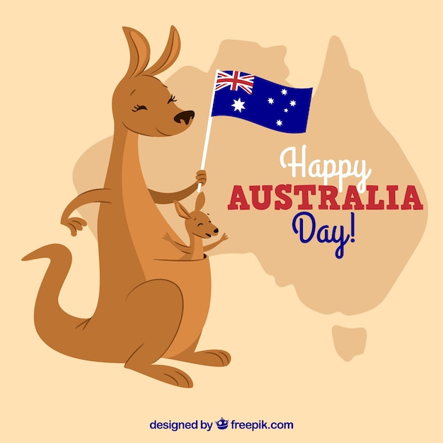 Free Vector australia day design with cute kangaroo holding flag