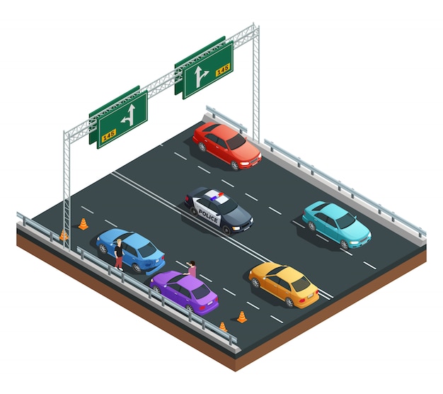 Auto accident involving two cars isometric composition on white background vector illustration