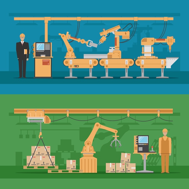 Free Vector automated assembly compositions with production process and robotic warehouse