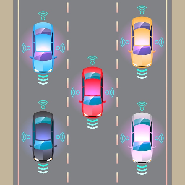 Free Vector autonomous smart car automatic wireless sensor driving on road around the car autonomous smart car goes on the scans the roads observe the distance and automatic braking system