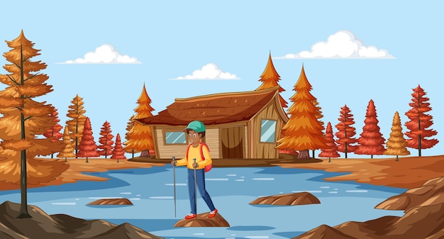 Free Vector autumn adventure at lakeside cabin