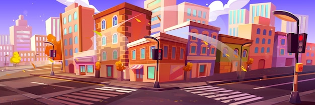 Free vector autumn city street corner with buildings