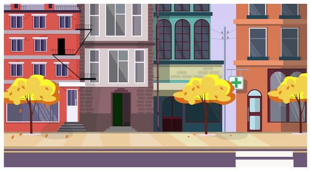 Free vector autumn city street with trees and buildings in background