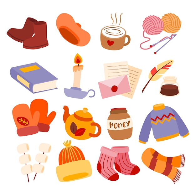 Autumn collection of decorative season elements such as Kettle, honey bottle, sweater, knit hat, socks, scarf and marshmallow, Vector illustration isolated
