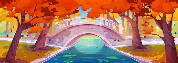 Free vector autumn park landscape with bridge over pond