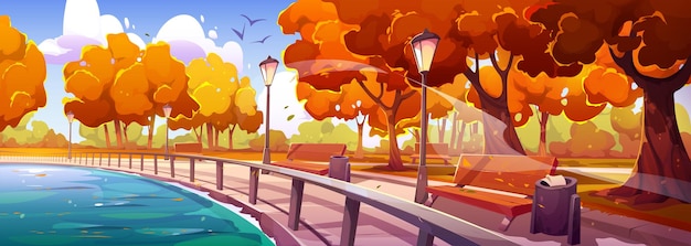 Free vector autumn quay in park landscape perspective view