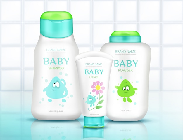 Free Vector baby cosmetics bottles with kids design, plastic packages