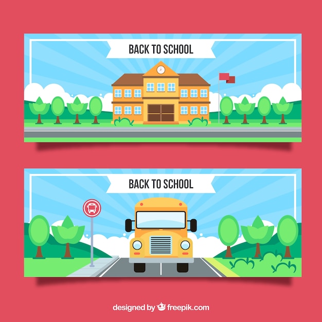 Free vector back to school banners with bus and building
