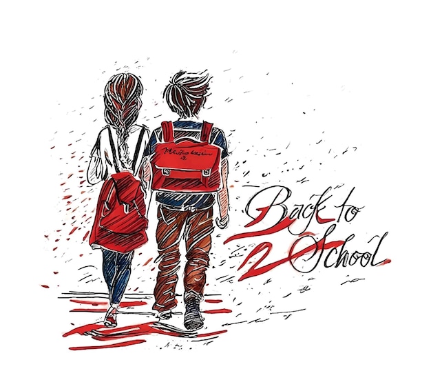 Free vector back to school calligraphic boy and girl with school bags behind the back vector illustration design