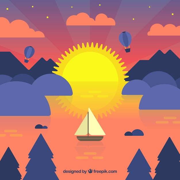 Free Vector background of boat in the sea at sunset in flat design