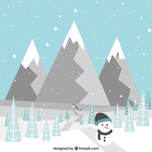 Free Vector background of snowy landscape with mountains and snowman