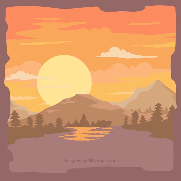 Free Vector background of trees and mountains at sunset