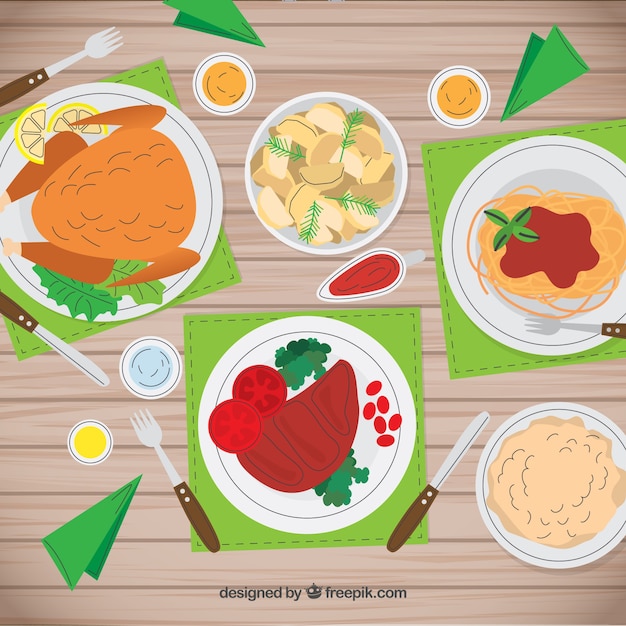 Free Vector background with different food in top view