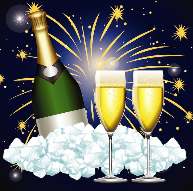 Free Vector background with two glasses of champagne and fireworks