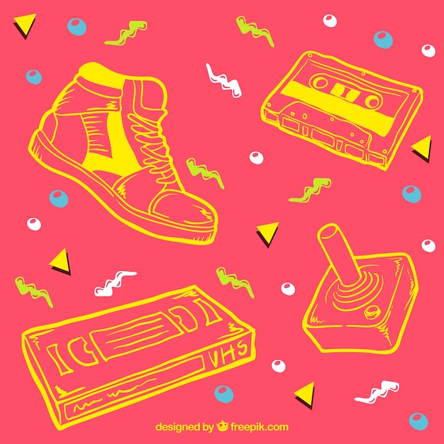Free vector background with yellow sketches of eighties objects