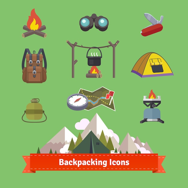 Free vector backpacking and hiking flat icon set