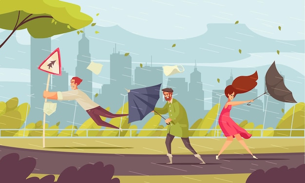 Free Vector bad weather in city funny flat composition with people blown off their feet by storm