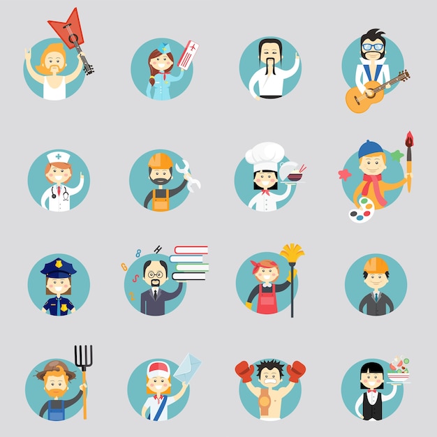 Free vector badges with avatars of different professions with musicians  martial arts  doctor  construction worker  chef  artist  policewoman  professor  cleaner  architect  farmer  postman and waitress