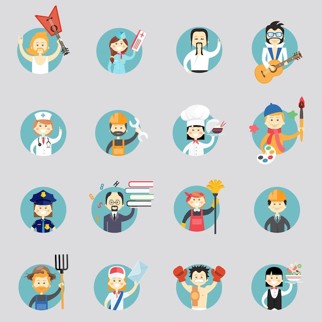 Badges with avatars of different professions with musicians  martial arts  doctor  construction worker  chef  artist  policewoman  professor  cleaner  architect  farmer  postman and waitress